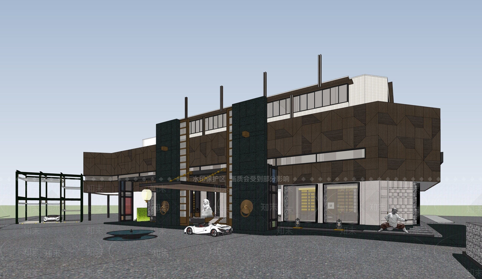 新中式酒店建筑SU模型下载【ID:1188913710】