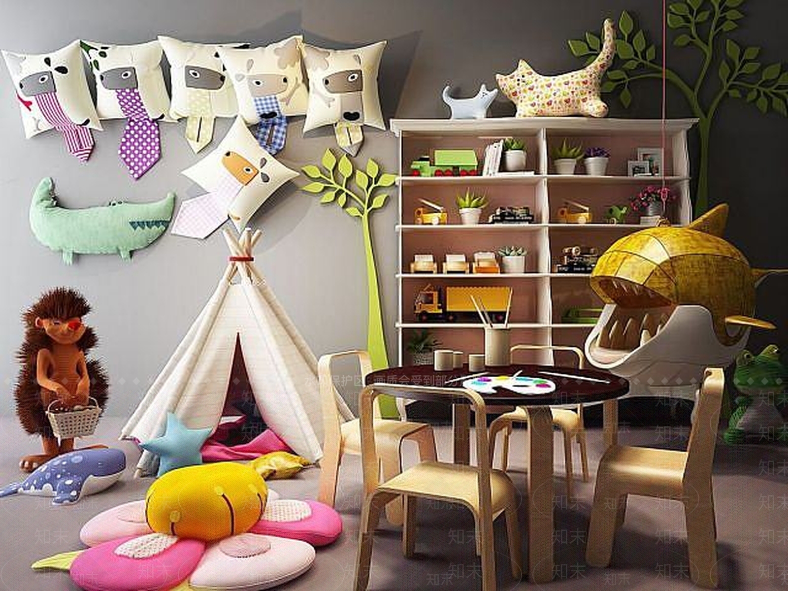 现代创意儿童桌椅帐篷组合3D模型下载【ID:1188914458】