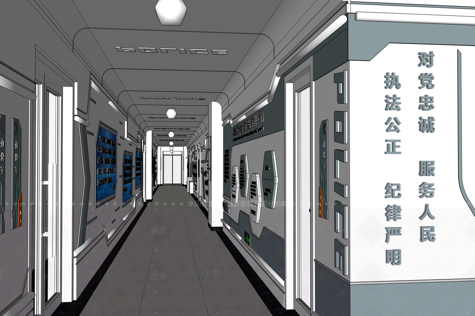 现代办公走廊SU模型下载【ID:1215983605】
