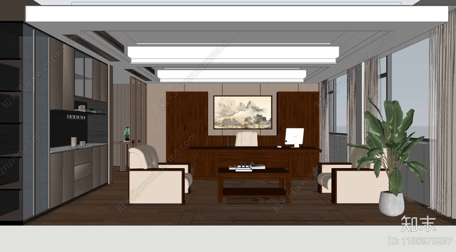 新中式独立办公室cad施工图下载【ID:1188973237】