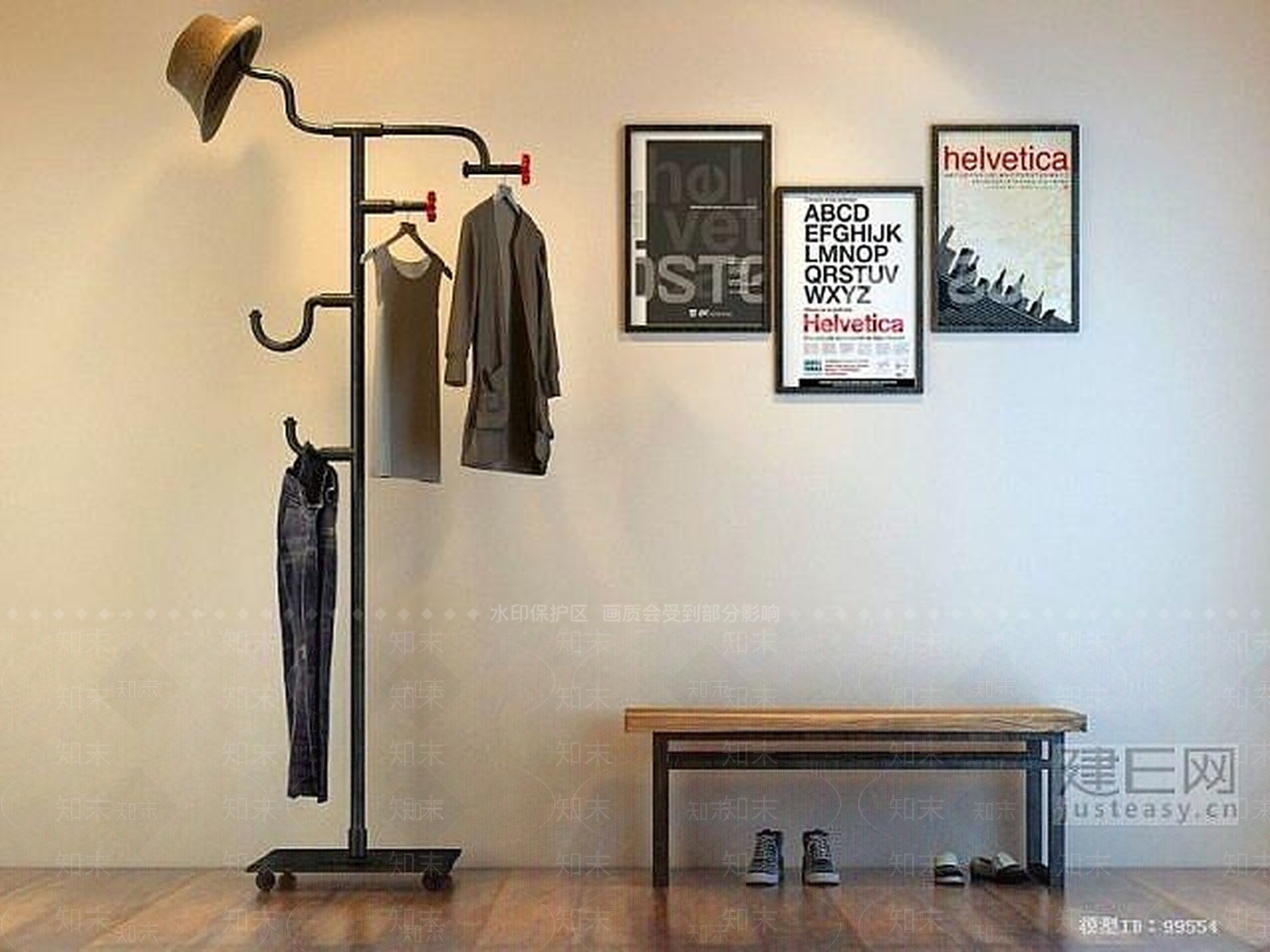 现代loft衣架墙壁挂画组合3D模型下载【ID:1188991569】