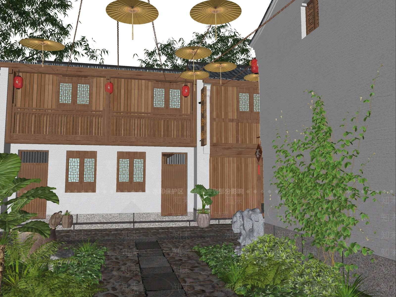 新中式中式古建筑SU模型下载【ID:1188995405】
