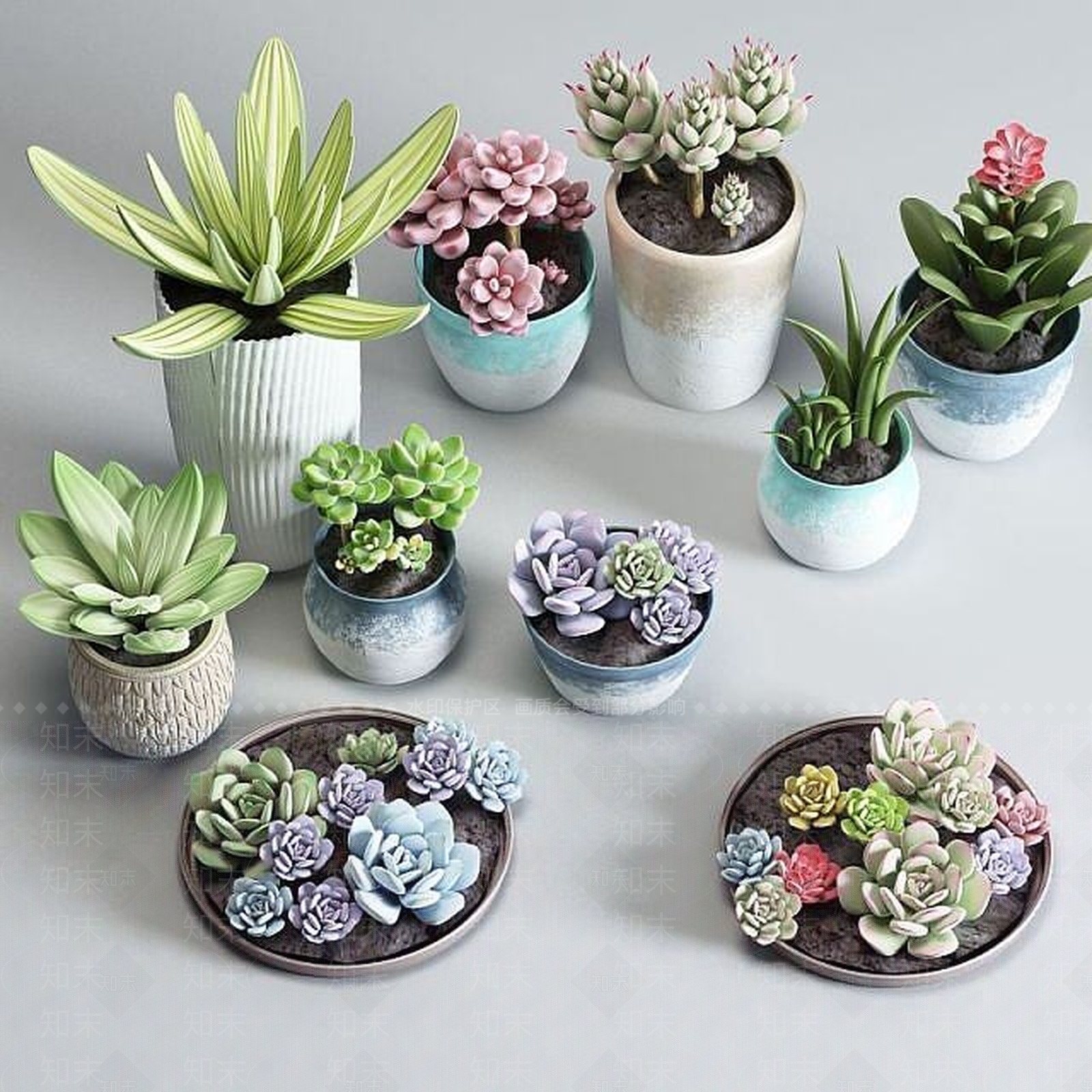 现代多肉植物盆栽集合3D模型下载【ID:1189003795】