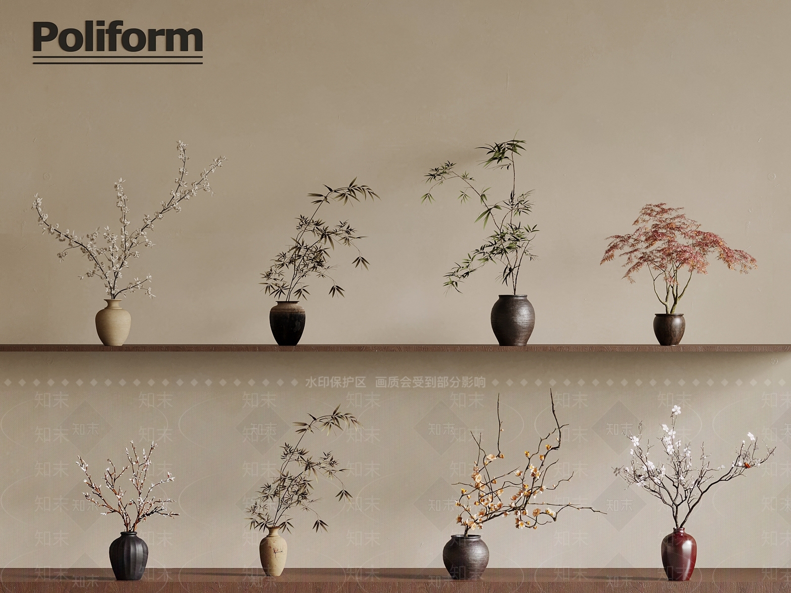 新中式绿植摆件3D模型渲染效果图