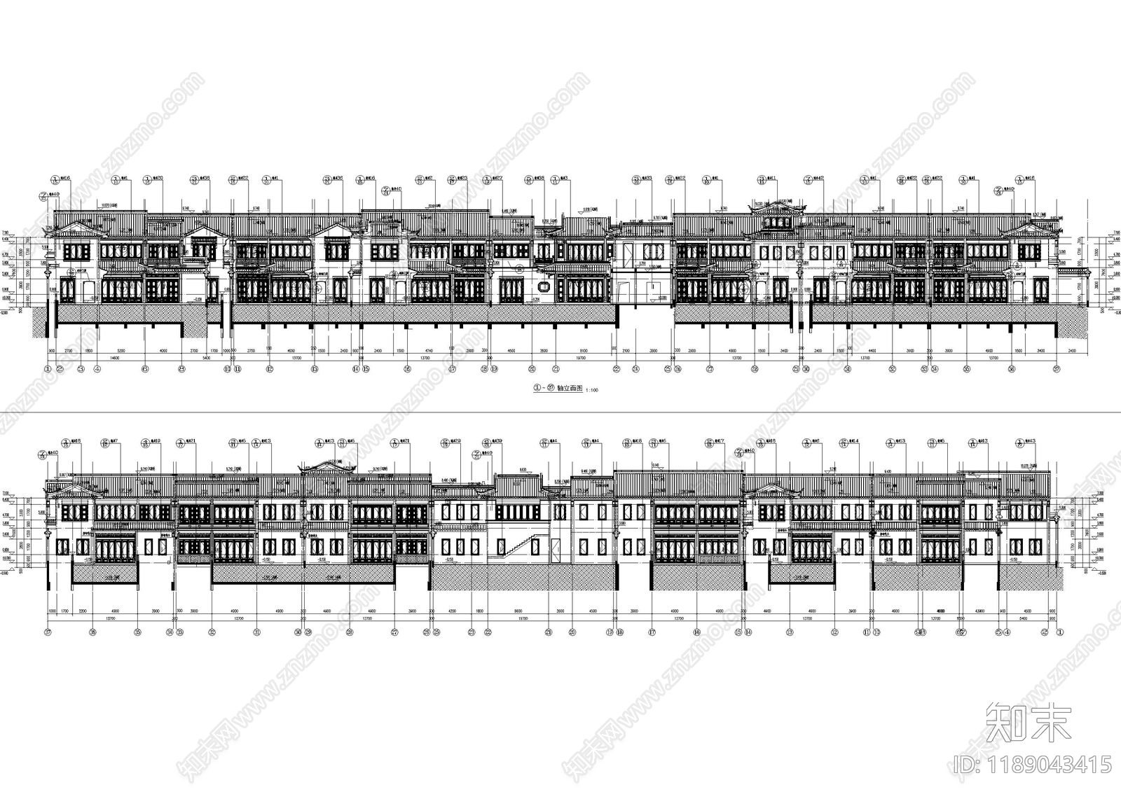 中式民宿建筑cad施工图下载【ID:1189043415】