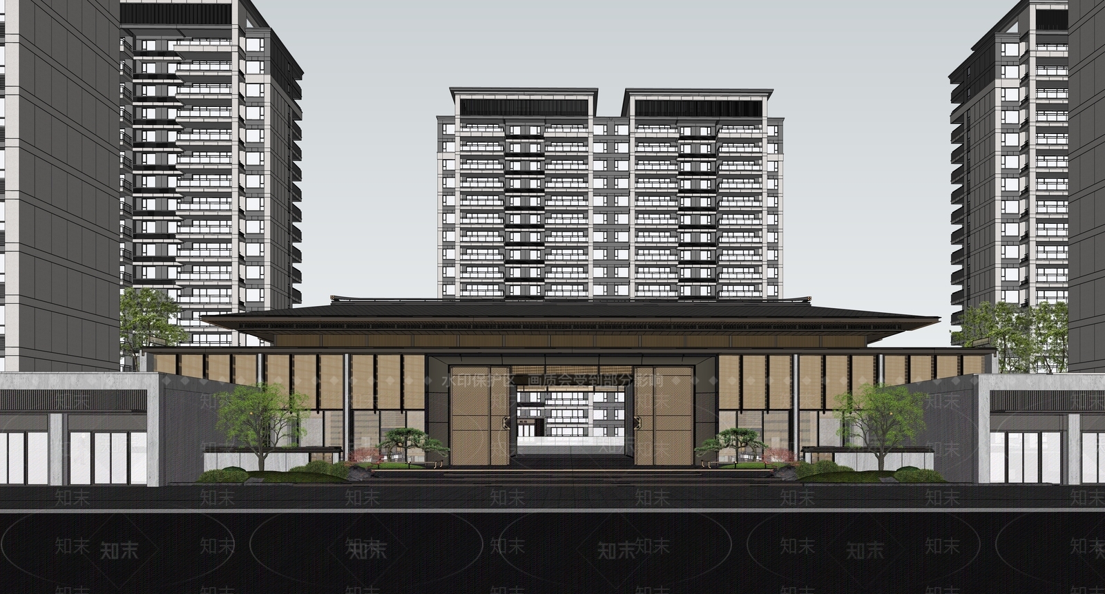 新中式小区建筑SU模型下载【ID:1189046886】
