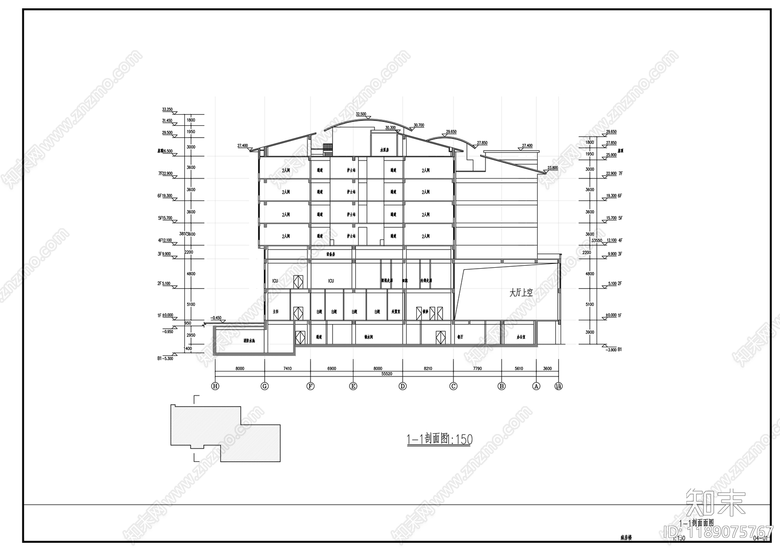 新中式医院建筑cad施工图下载【ID:1189075767】
