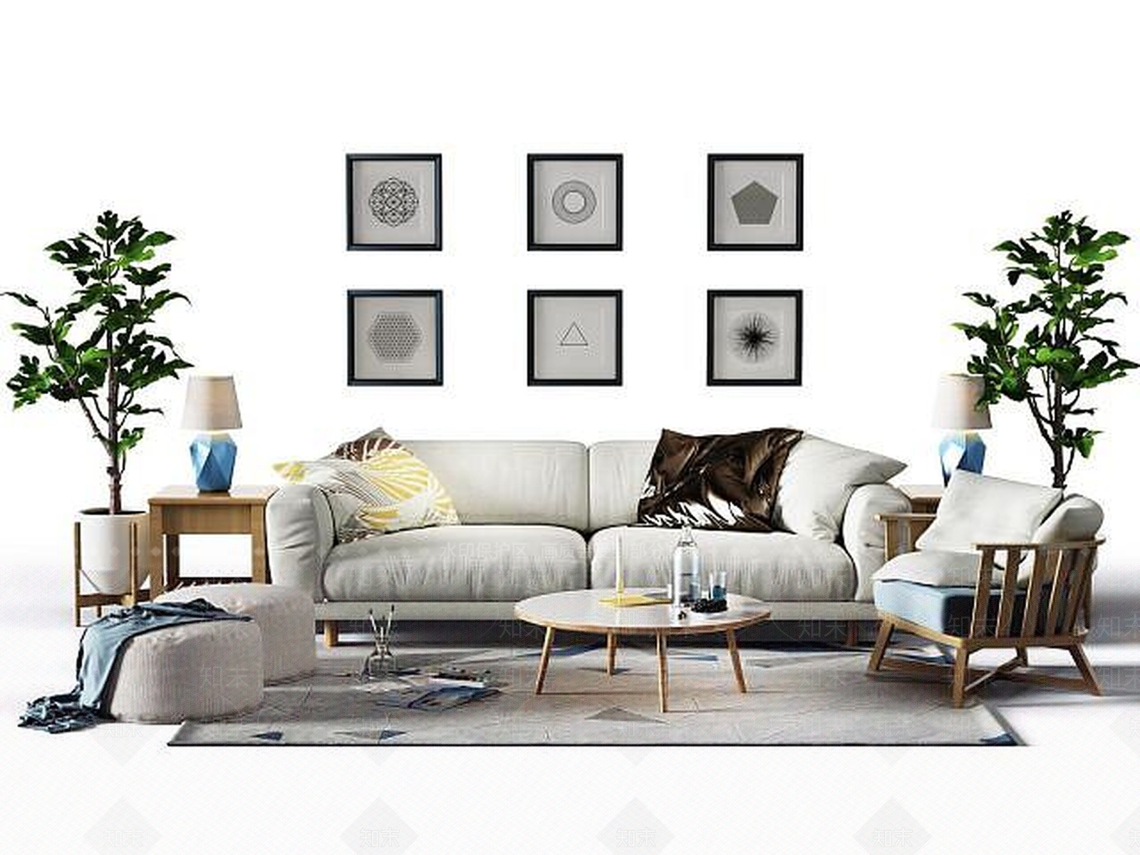 北欧风格沙发茶几组合3D模型下载【ID:1189109982】