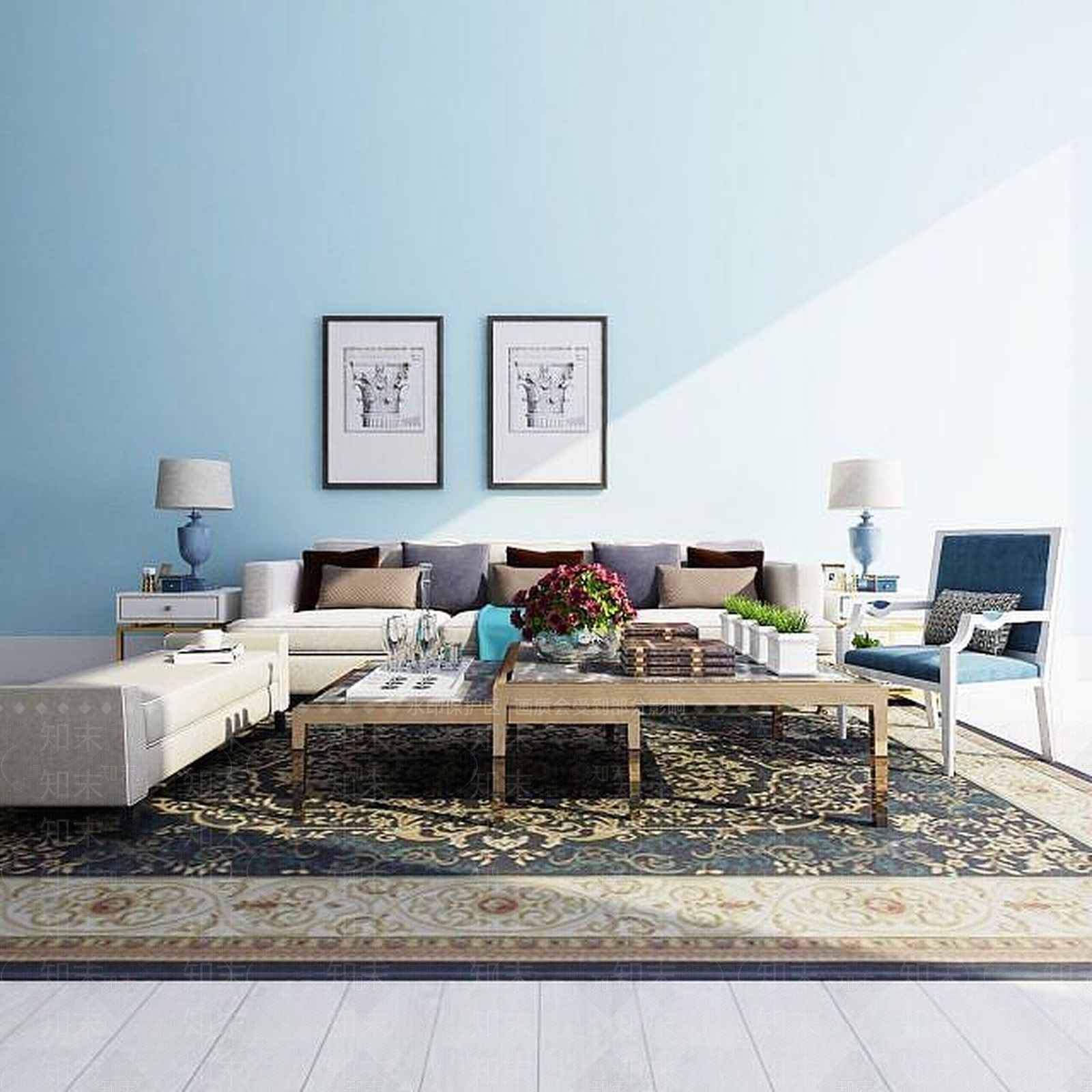 美式沙发茶几组合3D模型下载【ID:1189112597】