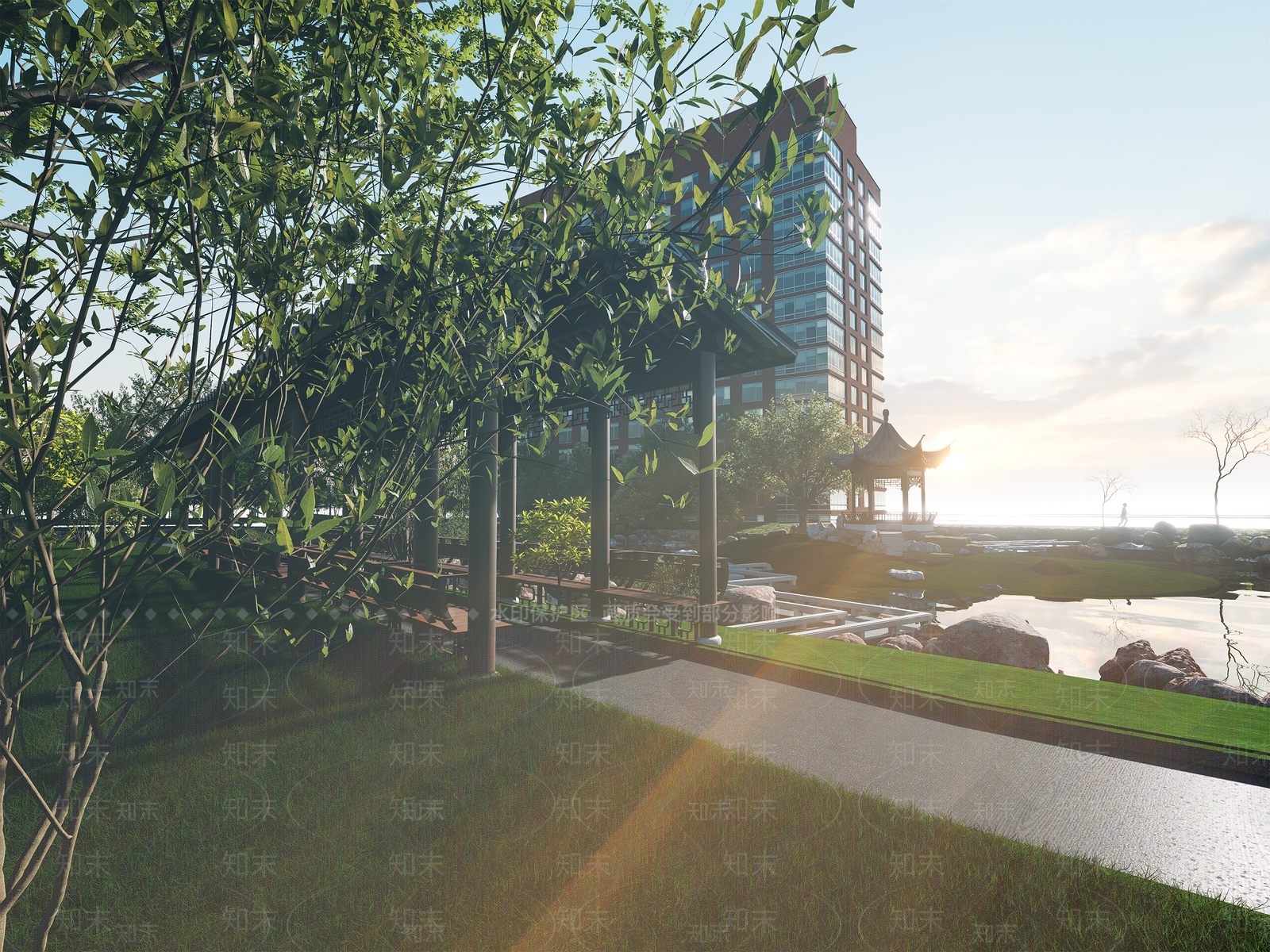 新中式滨水景观SU模型下载【ID:1189121180】