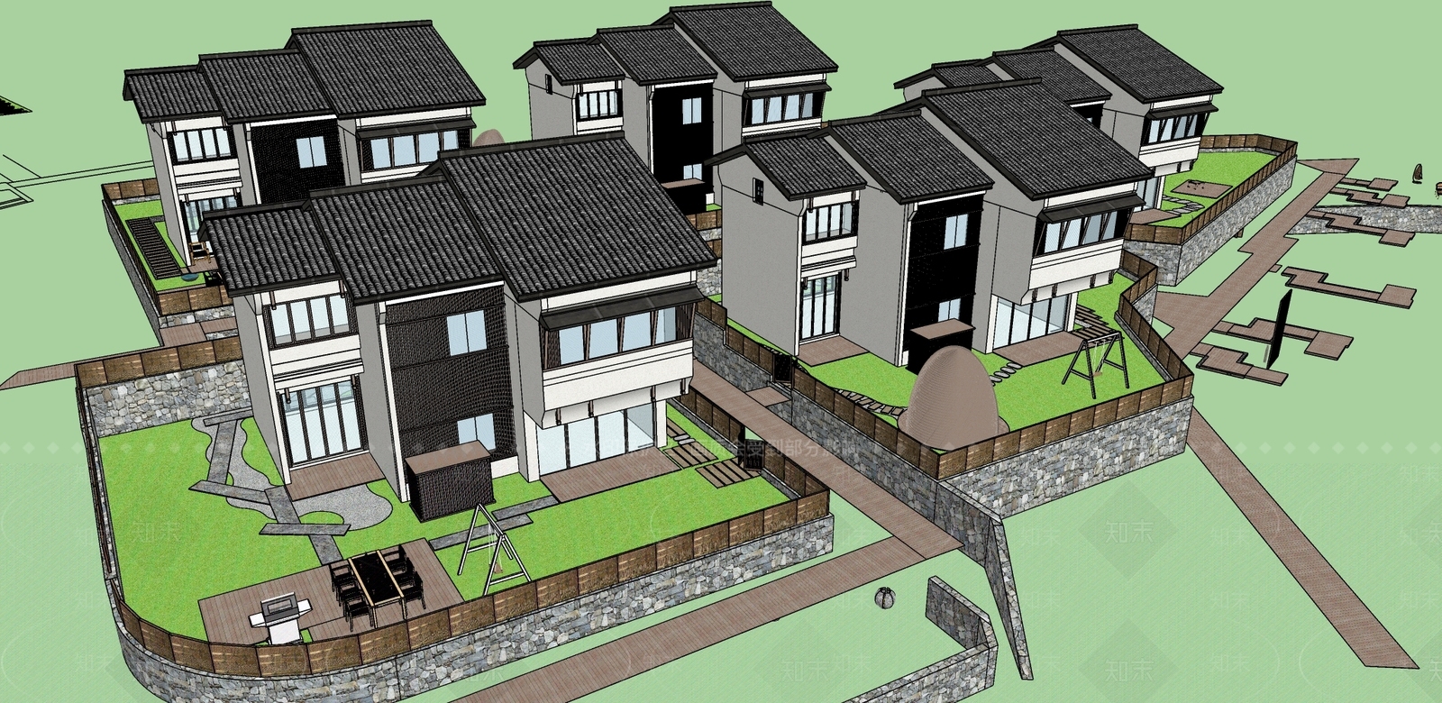 新中式中式酒店建筑SU模型下载【ID:1189190201】