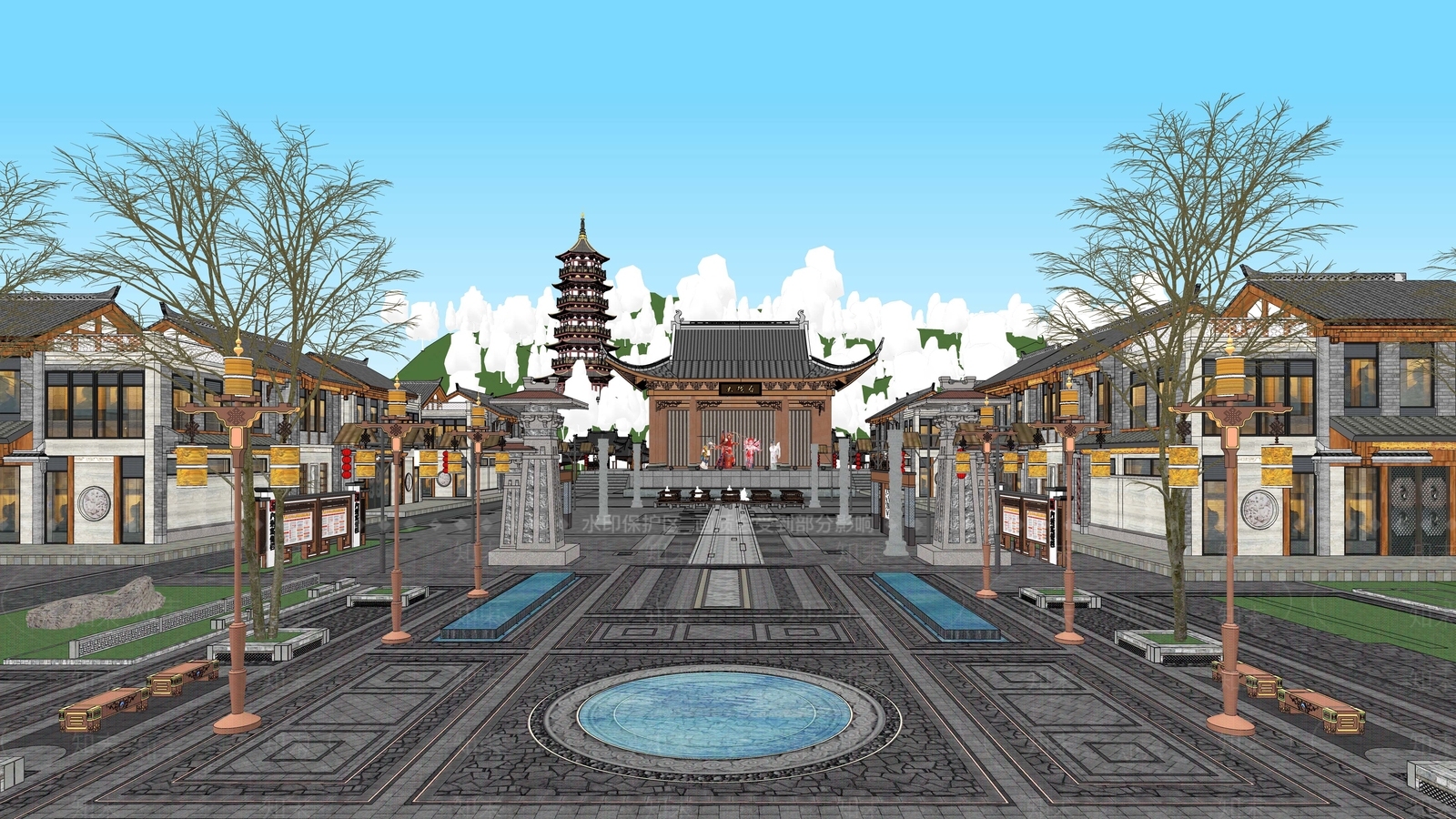 中式新中式商业街SU模型下载【ID:1189243942】