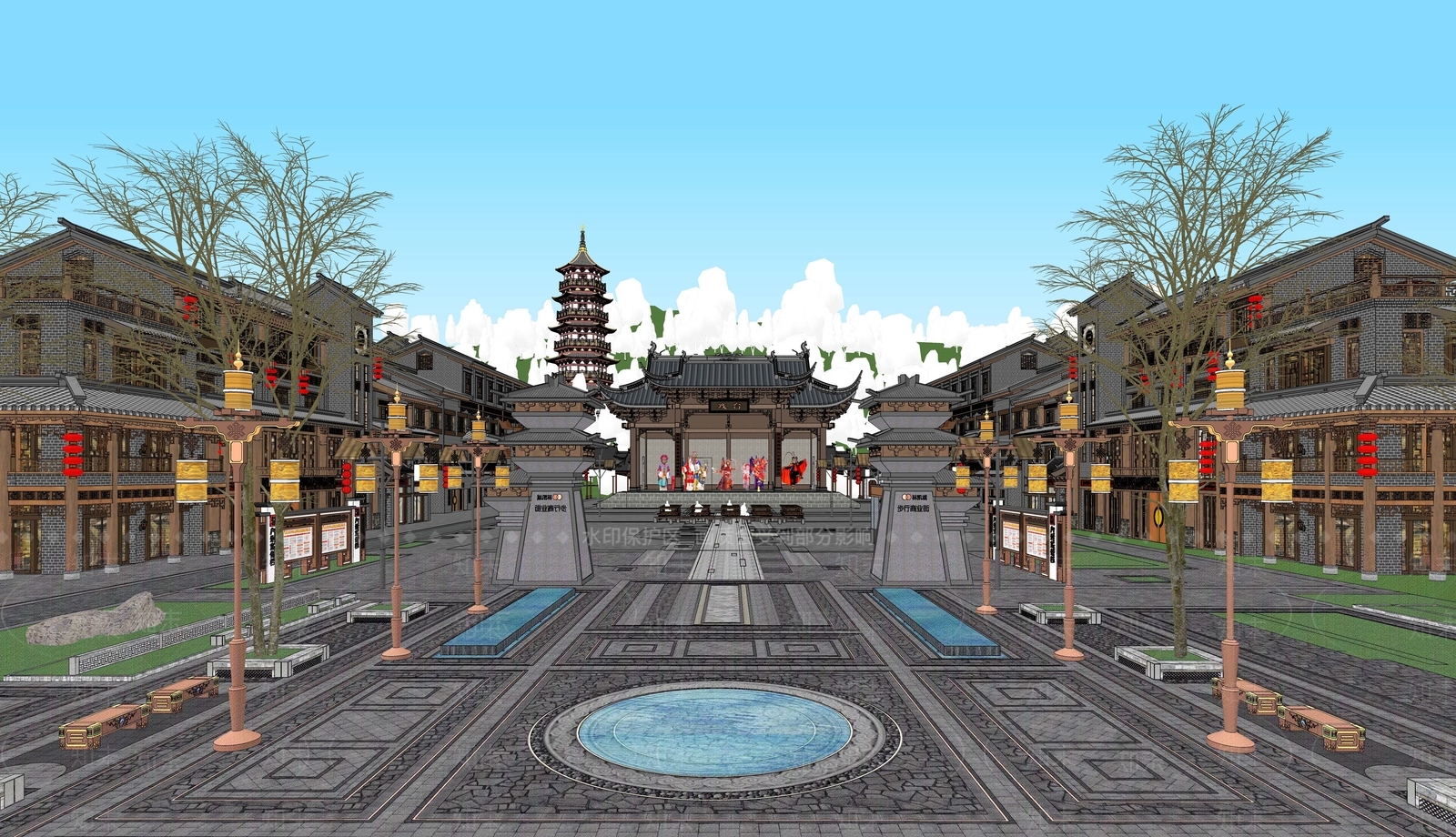 中式新中式商业街SU模型下载【ID:1189244452】