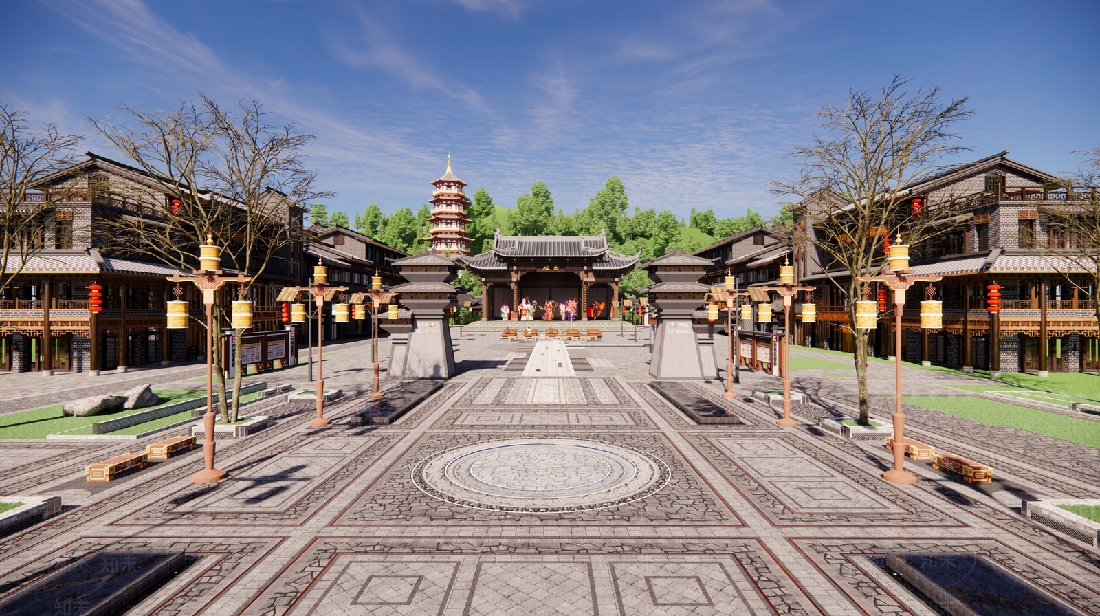 中式新中式商业街SU模型下载【ID:1189244452】