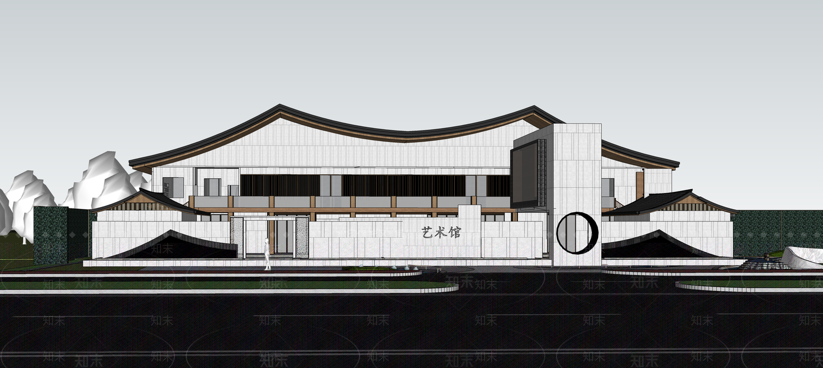 新中式中式展览馆建筑SU模型下载【ID:1189272850】