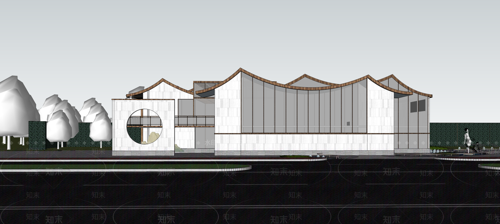 新中式中式展览馆建筑SU模型下载【ID:1189275629】