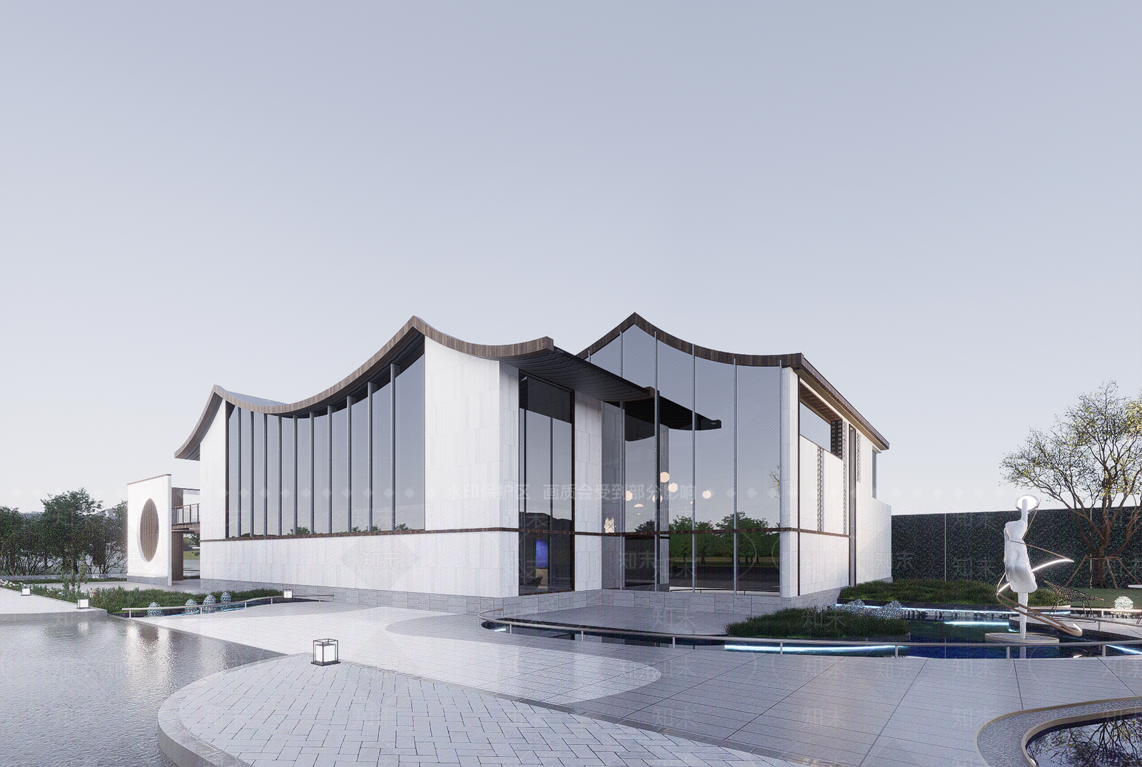 新中式中式展览馆建筑SU模型下载【ID:1189275629】