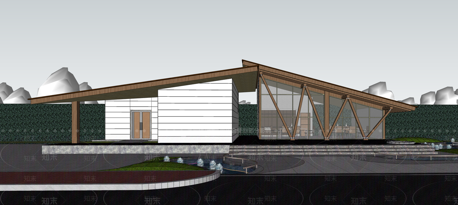 新中式中式展览馆建筑SU模型下载【ID:1189276537】