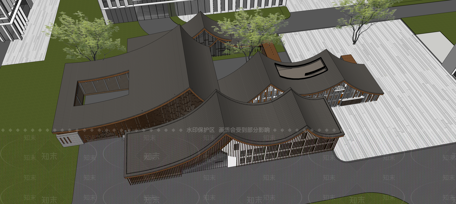 新中式中式展览馆建筑SU模型下载【ID:1189278459】