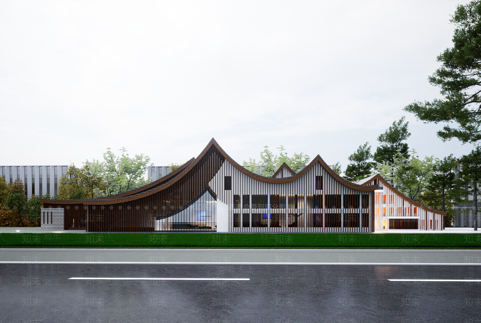 新中式中式展览馆建筑SU模型下载【ID:1189278459】