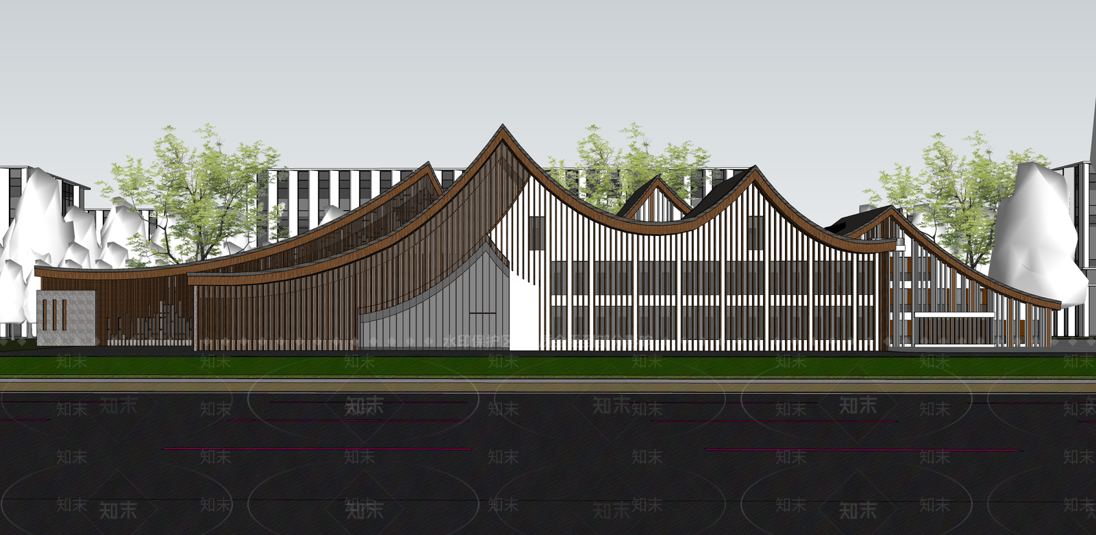 新中式中式展览馆建筑SU模型下载【ID:1189278459】