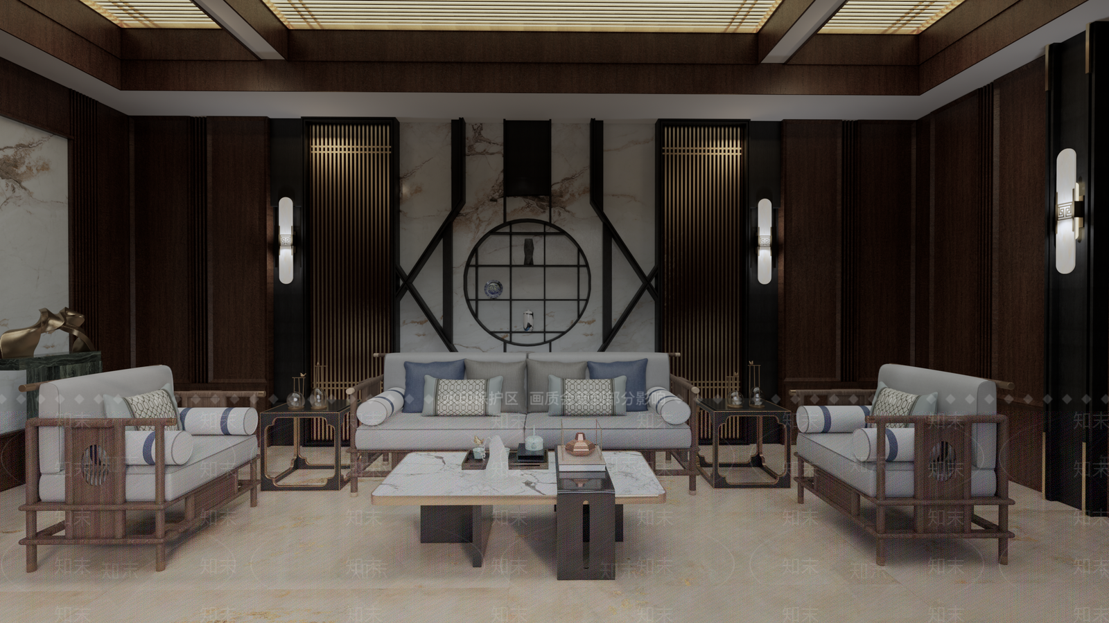 新中式中式别墅客厅SU模型下载【ID:1189290459】