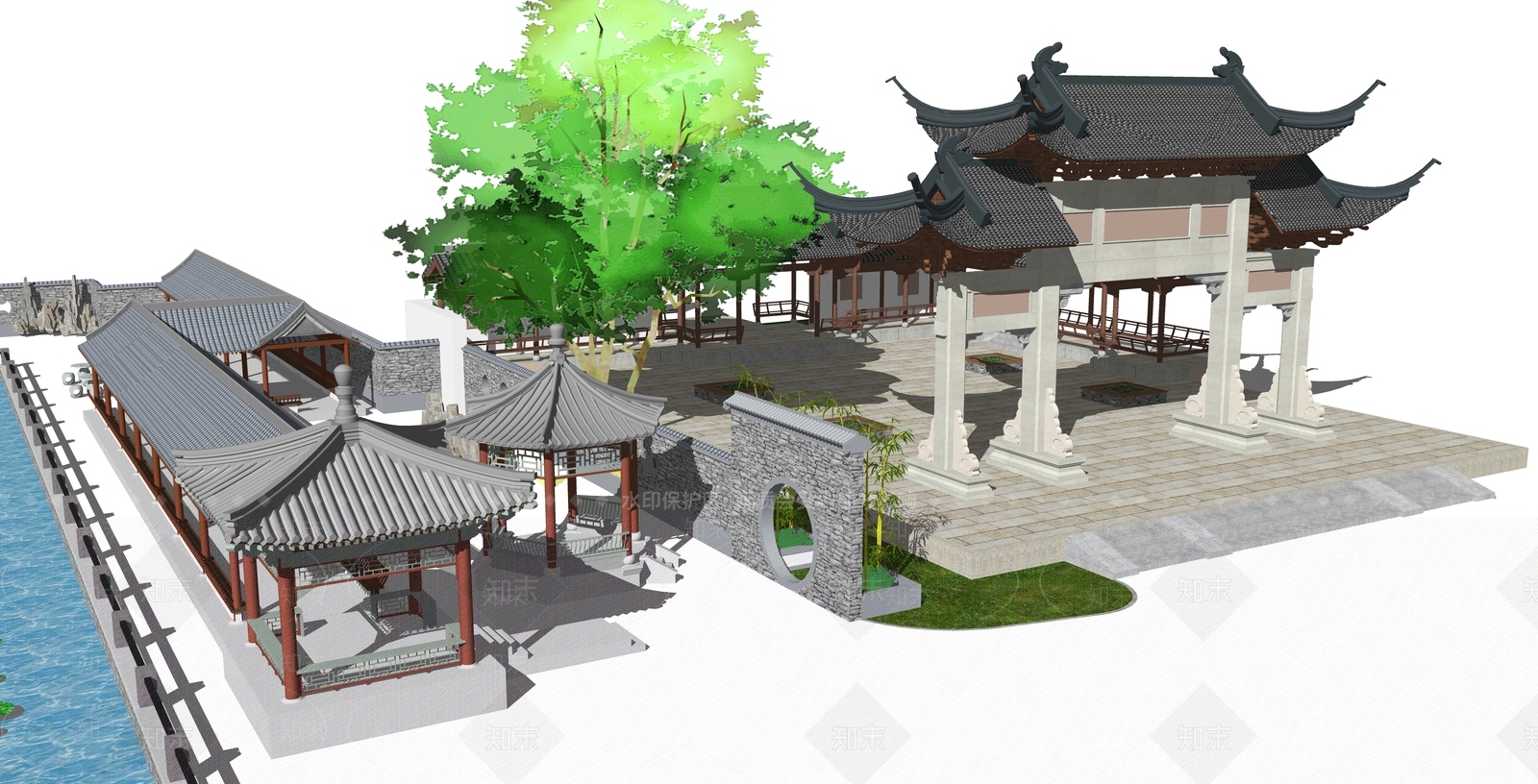 新中式中式古建筑SU模型下载【ID:1189300001】