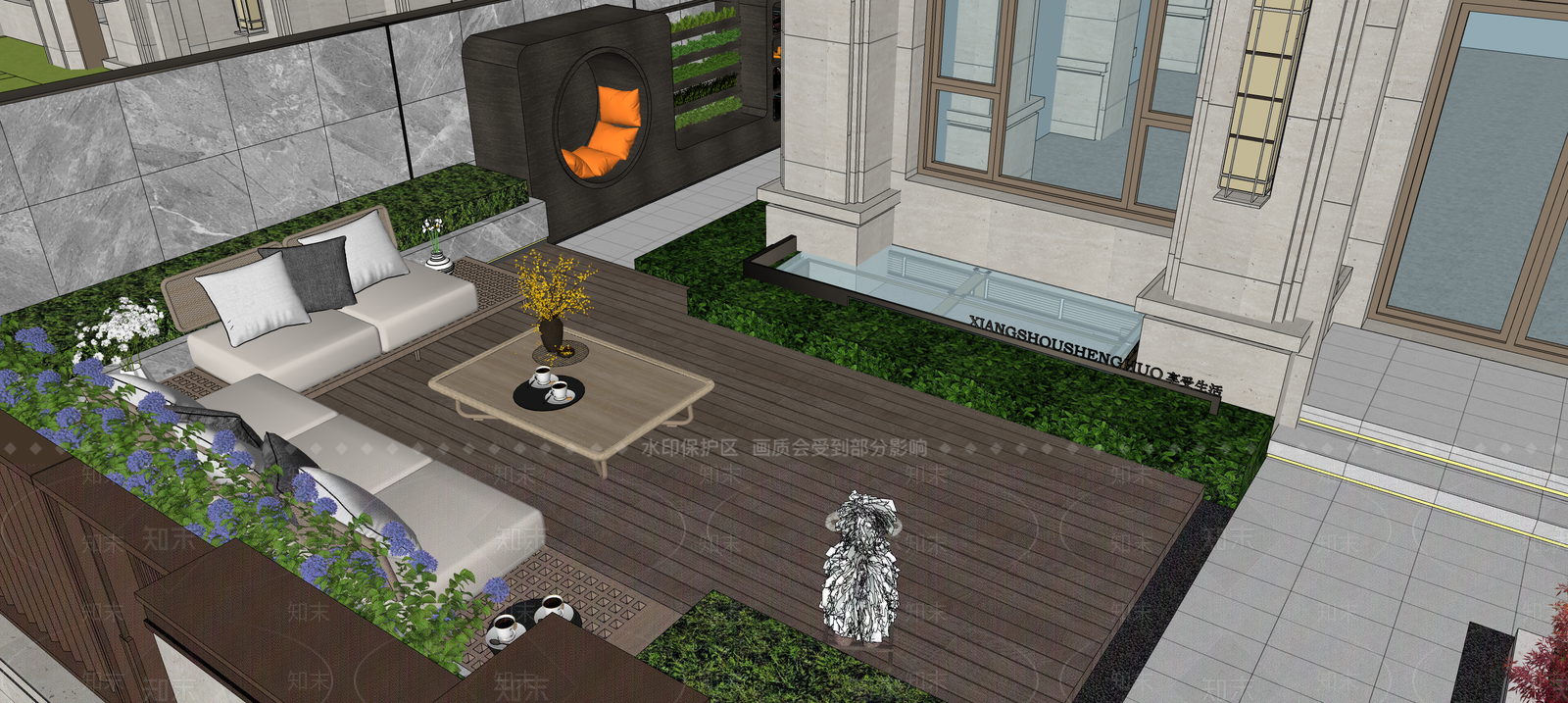 现代新中式别墅庭院SU模型下载【ID:1189300177】