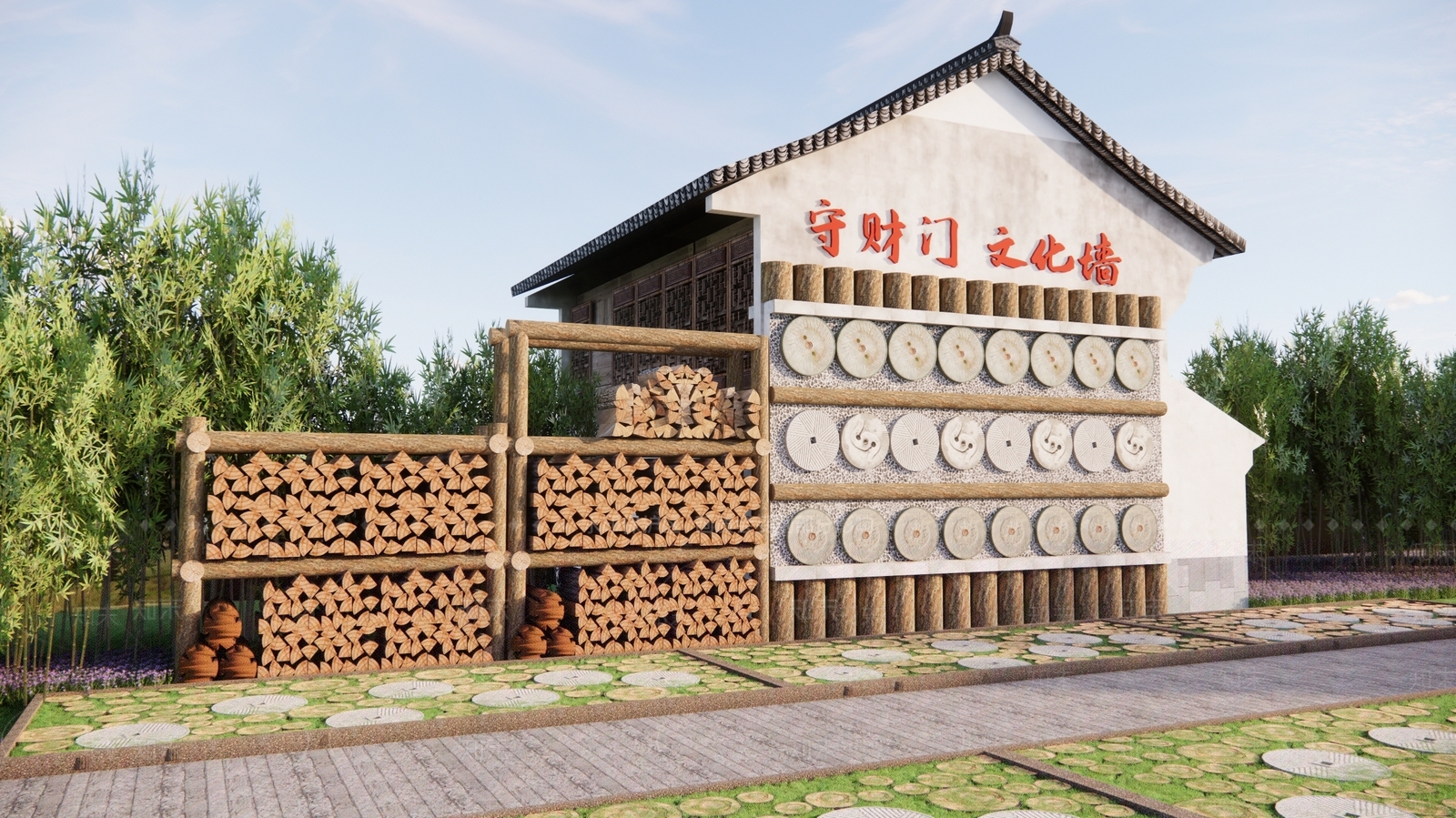 中式乡村柴火景观墙3D模型下载【ID:1189301381】