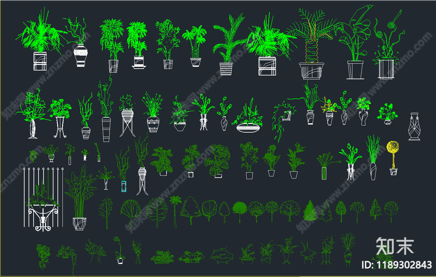 现代植物配置图库cad施工图下载【ID:1189302843】