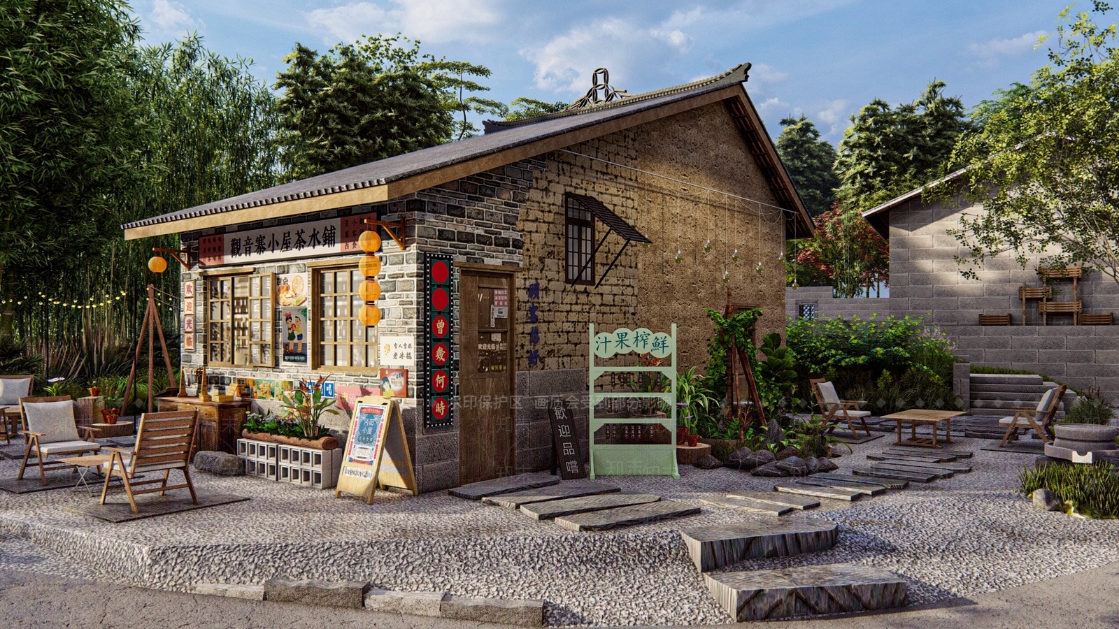 中式现代民宿建筑SU模型下载【ID:1189309407】