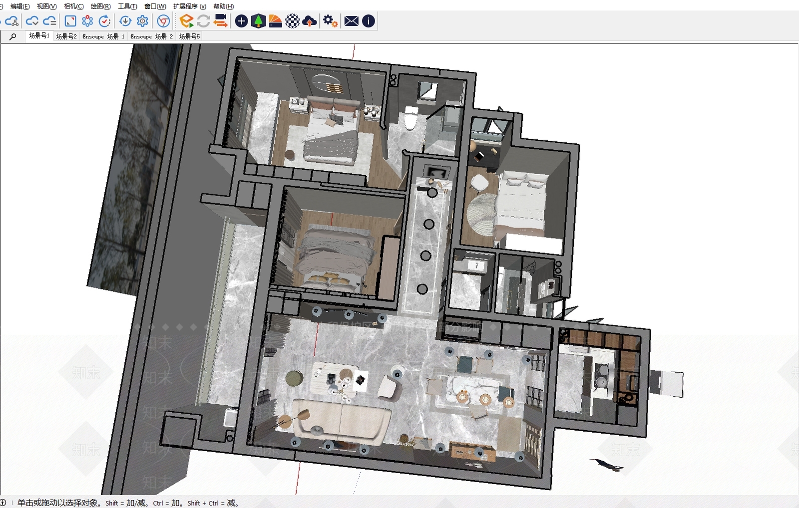 现代简约家装鸟瞰SU模型下载【ID:1189313630】