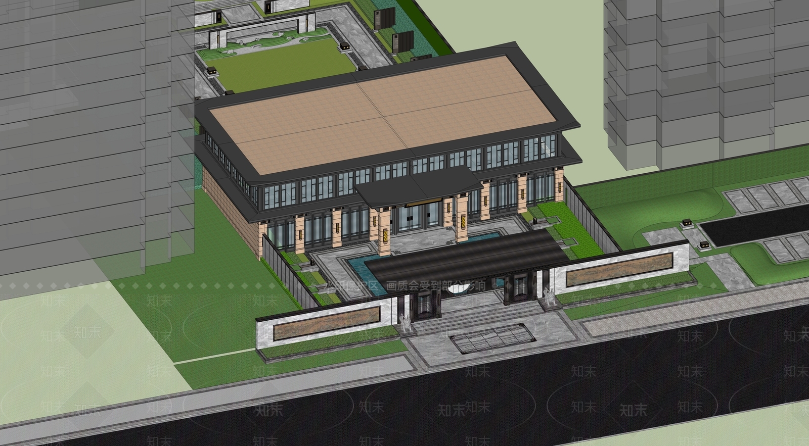中式售楼处建筑SU模型下载【ID:1189327328】