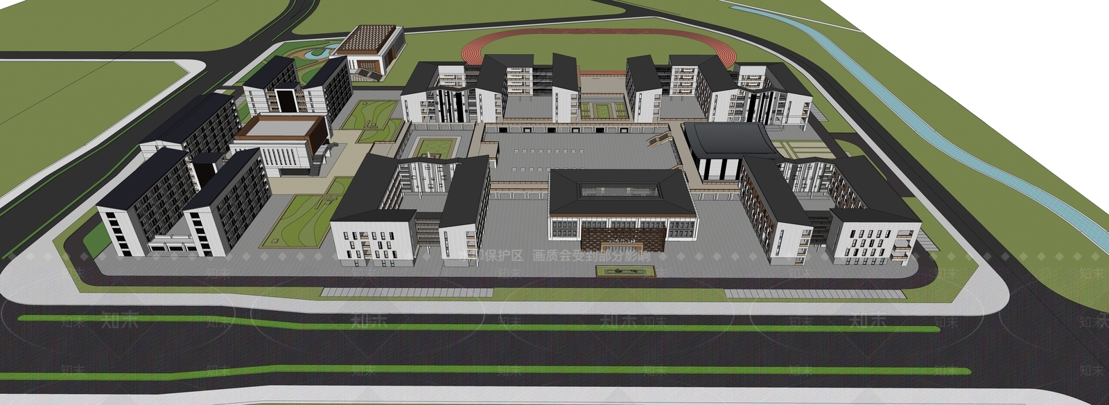 新中式学校建筑SU模型下载【ID:1189338873】