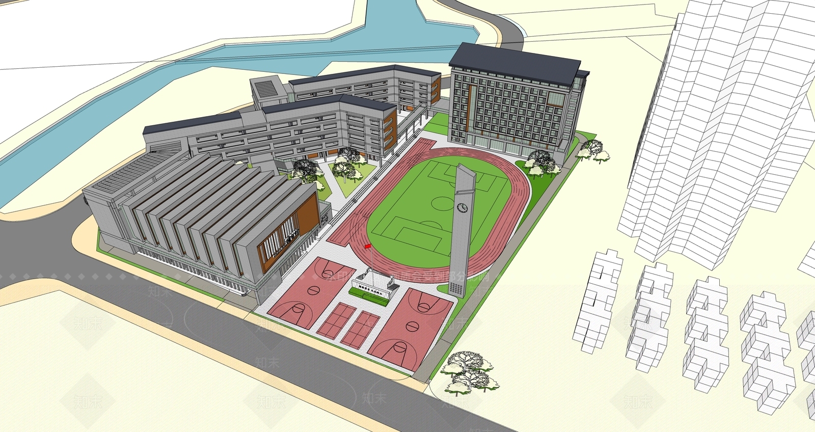 现代新中式学校建筑SU模型下载【ID:1189358558】