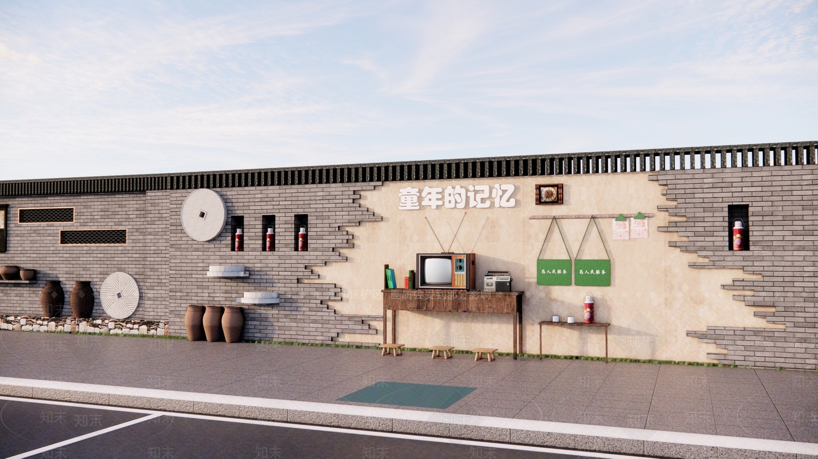 现代乡村民俗文化景墙3D模型下载【ID:1189378741】