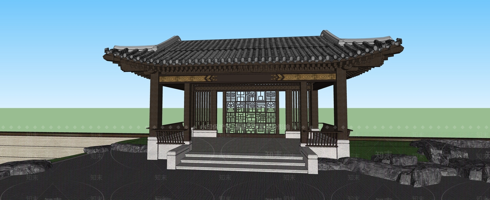 中式新中式廊架SU模型下载【ID:1189433729】