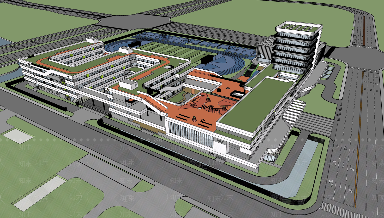 现代学校建筑SU模型精品下载_SketchUp模型_知末网