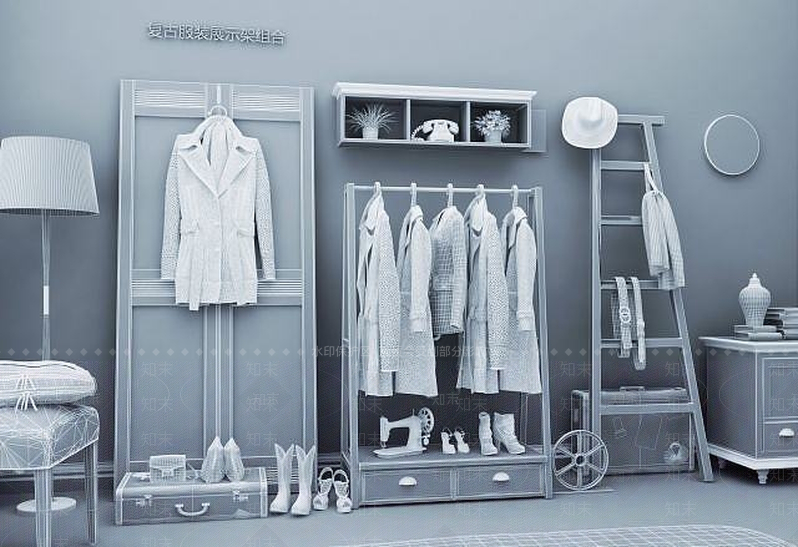 现代复古服饰展示架组合3D模型下载【ID:1189546646】
