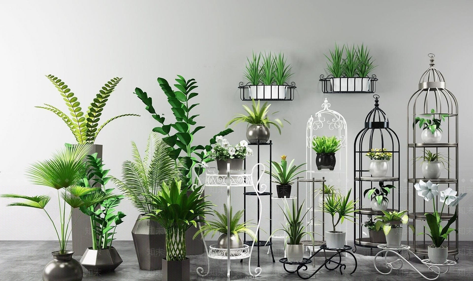 现代铁艺花架富贵竹盆栽组合3D模型下载【ID:1189556445】