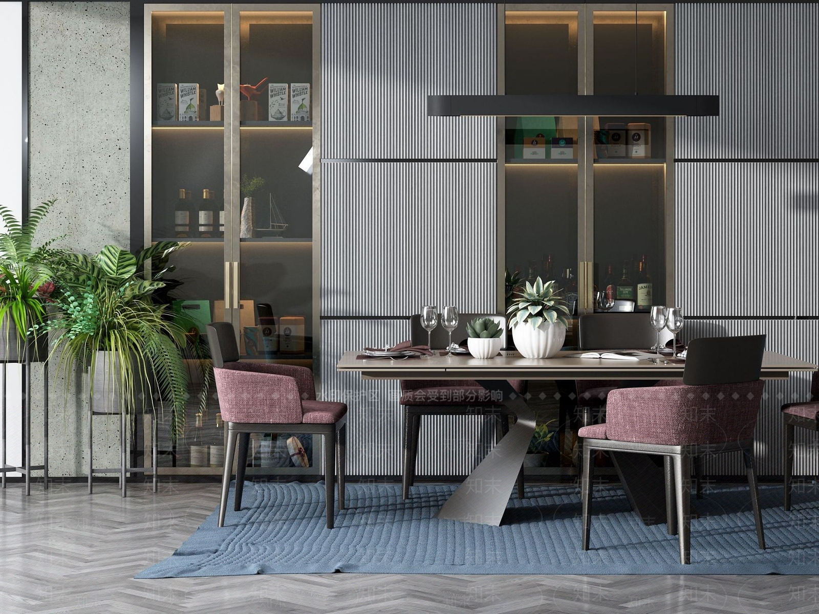 现代餐桌椅酒柜组合3D模型下载【ID:1189557754】