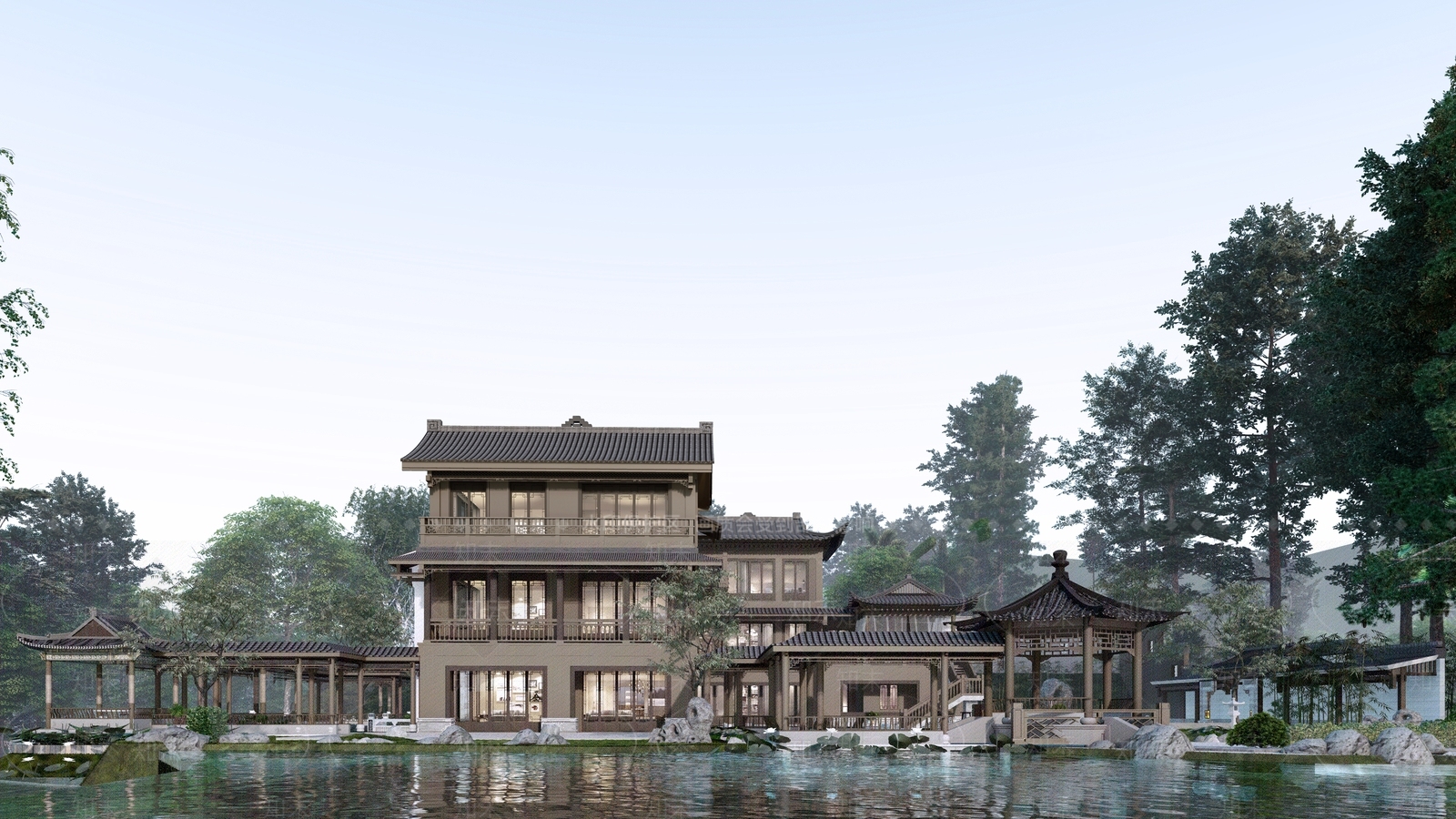 中式酒店建筑SU模型下载【ID:1189563485】