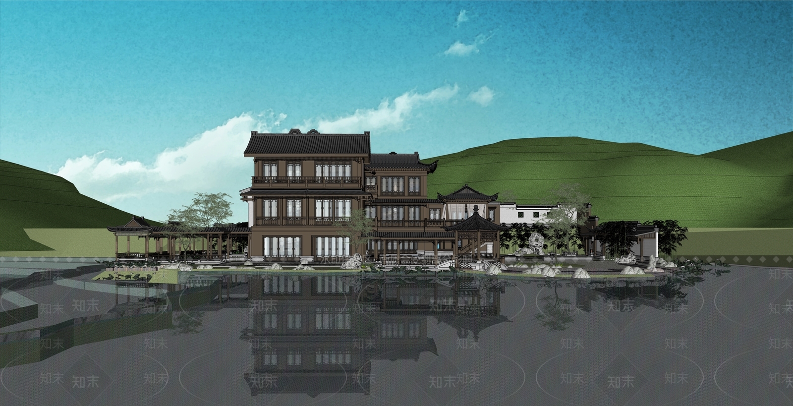 中式酒店建筑SU模型下载【ID:1189563485】