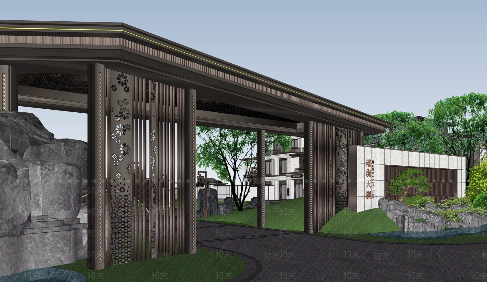 现代新中式售楼处建筑SU模型下载【ID:1189591933】