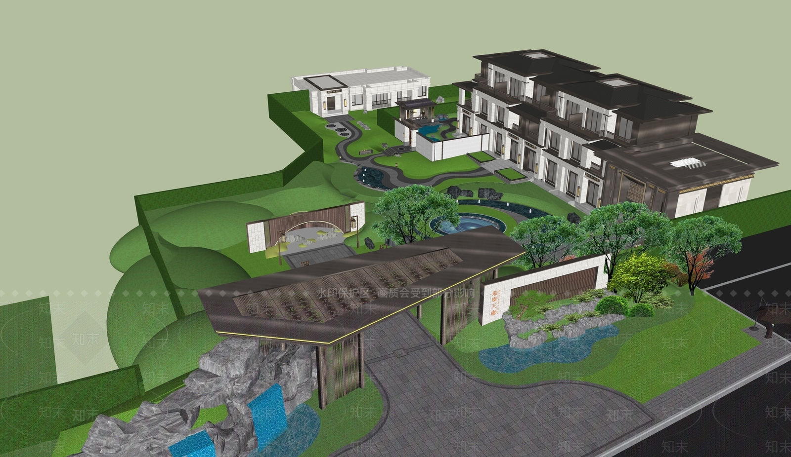 现代新中式售楼处建筑SU模型下载【ID:1189591933】