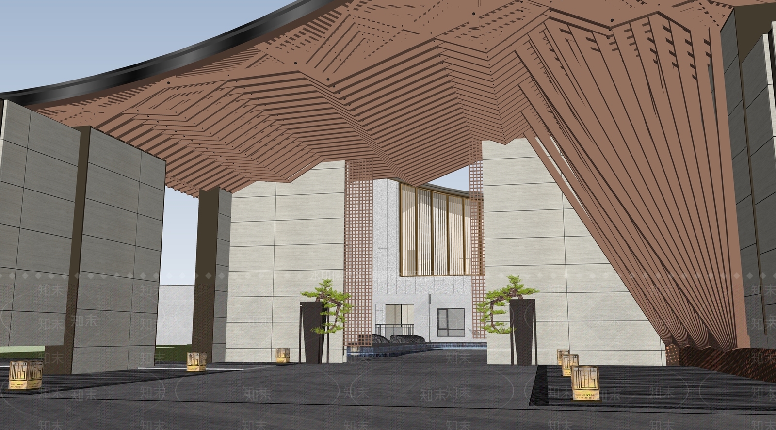 现代新中式售楼处建筑SU模型下载【ID:1189596996】
