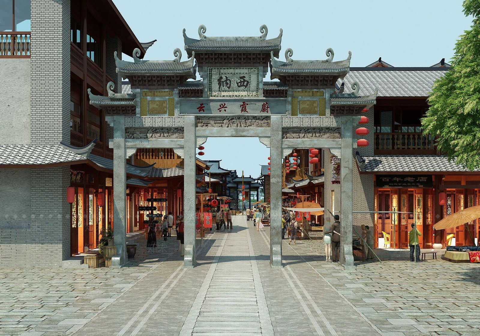 现代古建门楼古建街道3D模型下载【ID:1189626481】