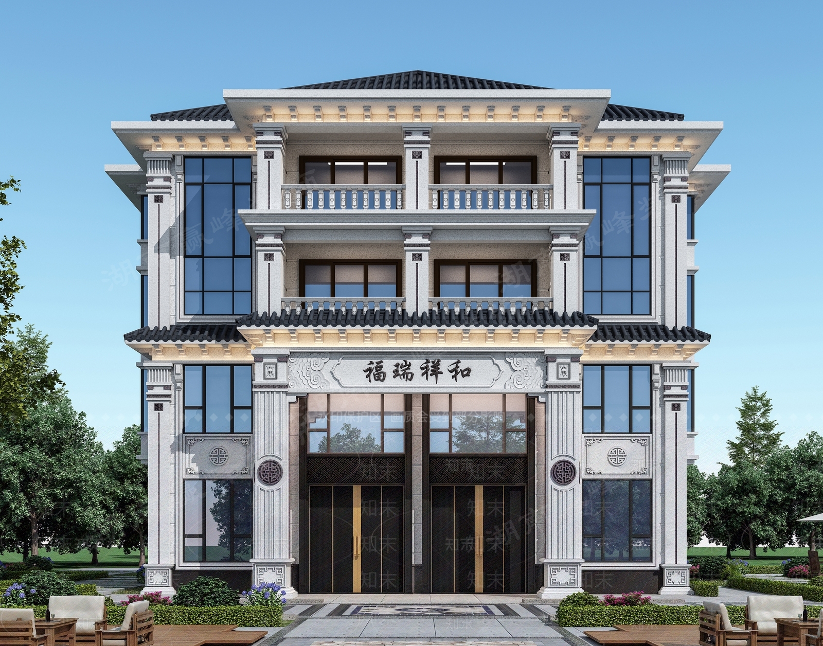 新中式中式别墅外观3D模型下载【ID:1189636404】