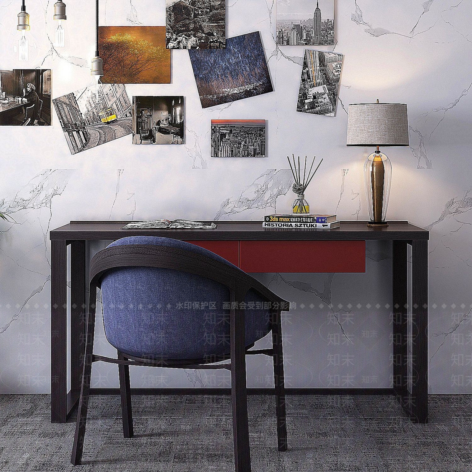 现代书桌书椅组合3D模型下载【ID:1189641655】