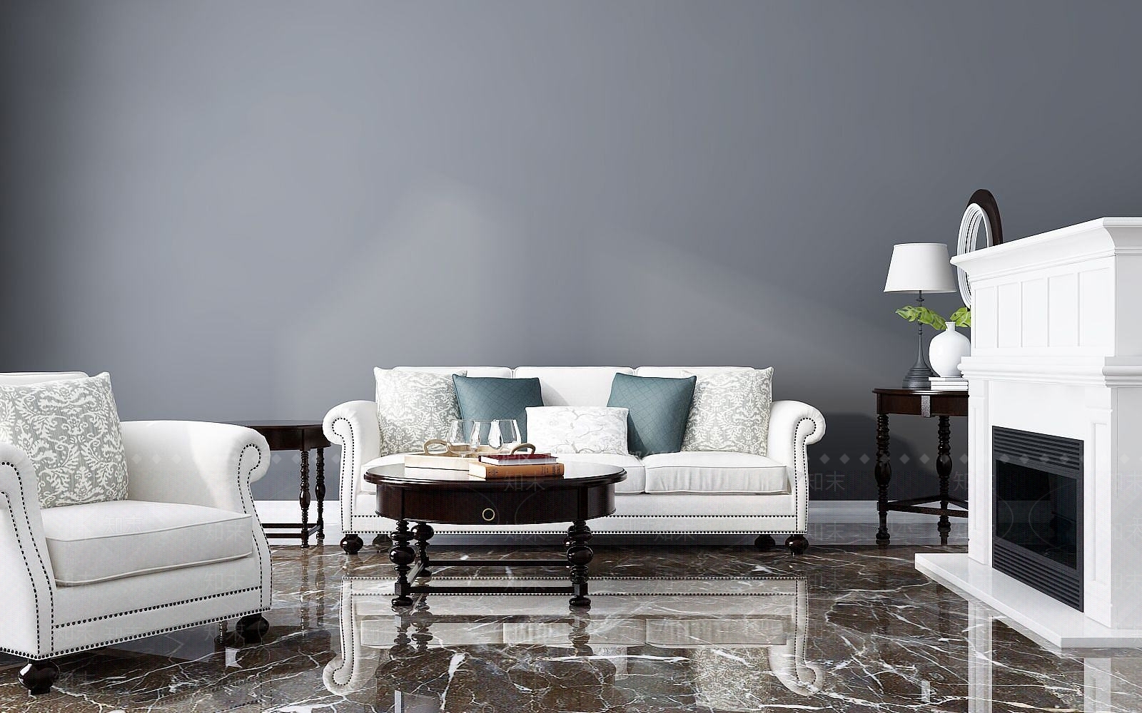美式沙发茶几壁炉组合3D模型下载【ID:1189643153】